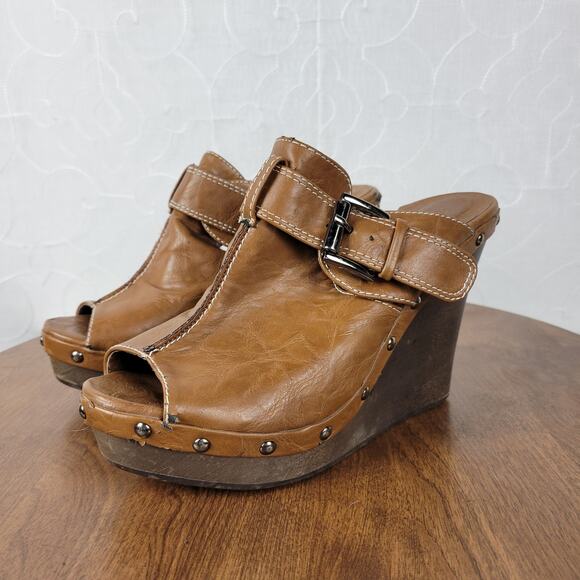 GC Womens Veronica Sandals 38 Brown Leather Peep Toe Buckle Wooden Chunky Wedge - Picture 9 of 13